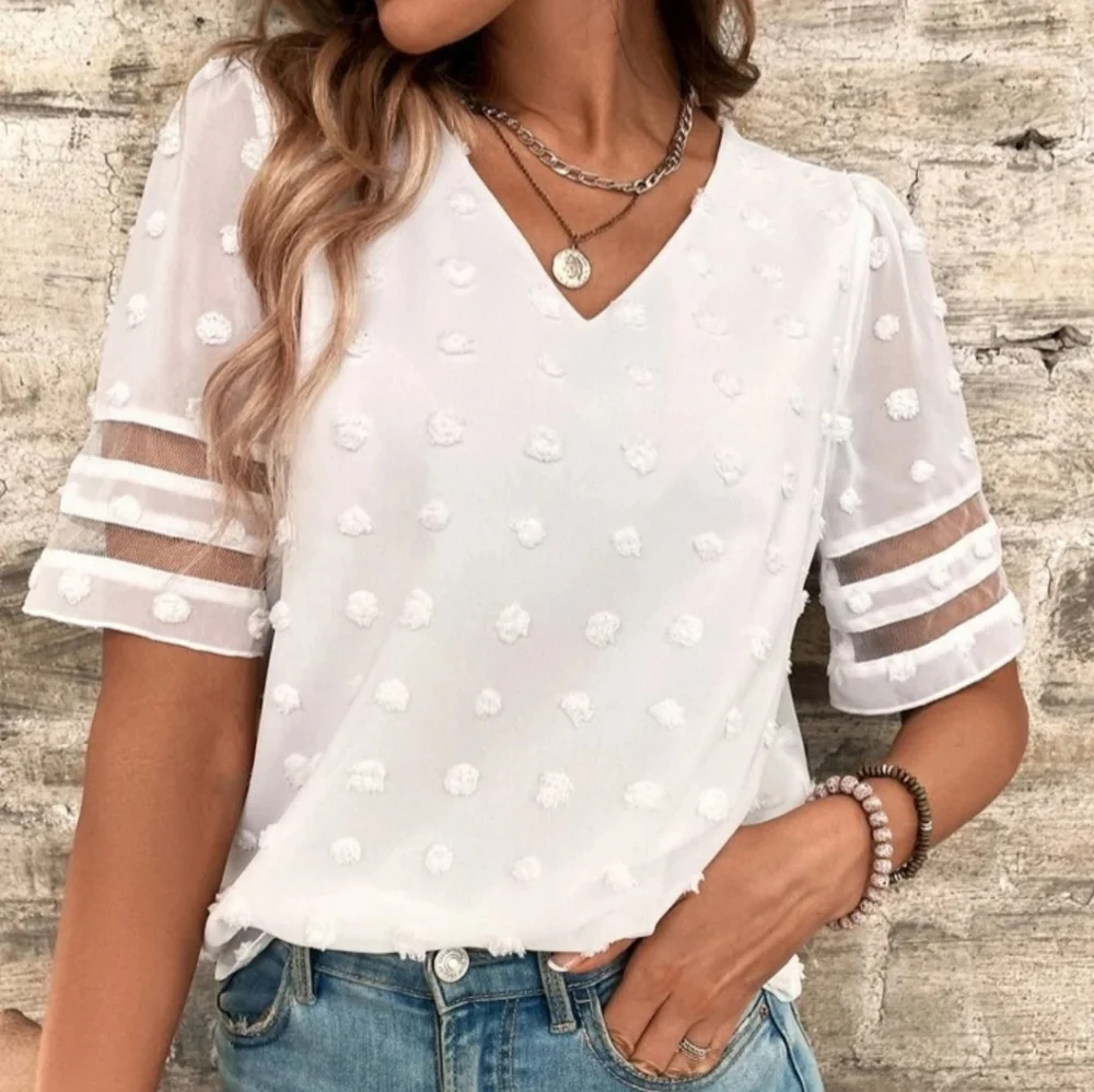 Swiss Dot Vneck Short Sleeve Blouse in White - Picture 1 of 7